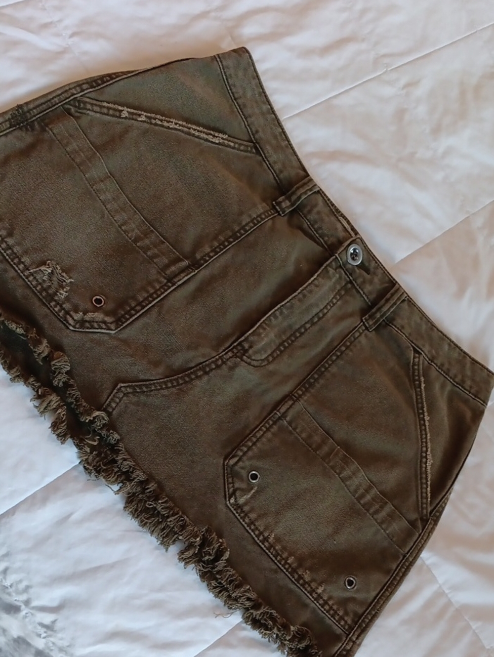 Free People Olive Green Frayed Denim Mini Skirt
